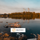 a pond with plastic trash, Reuters logo in foreground